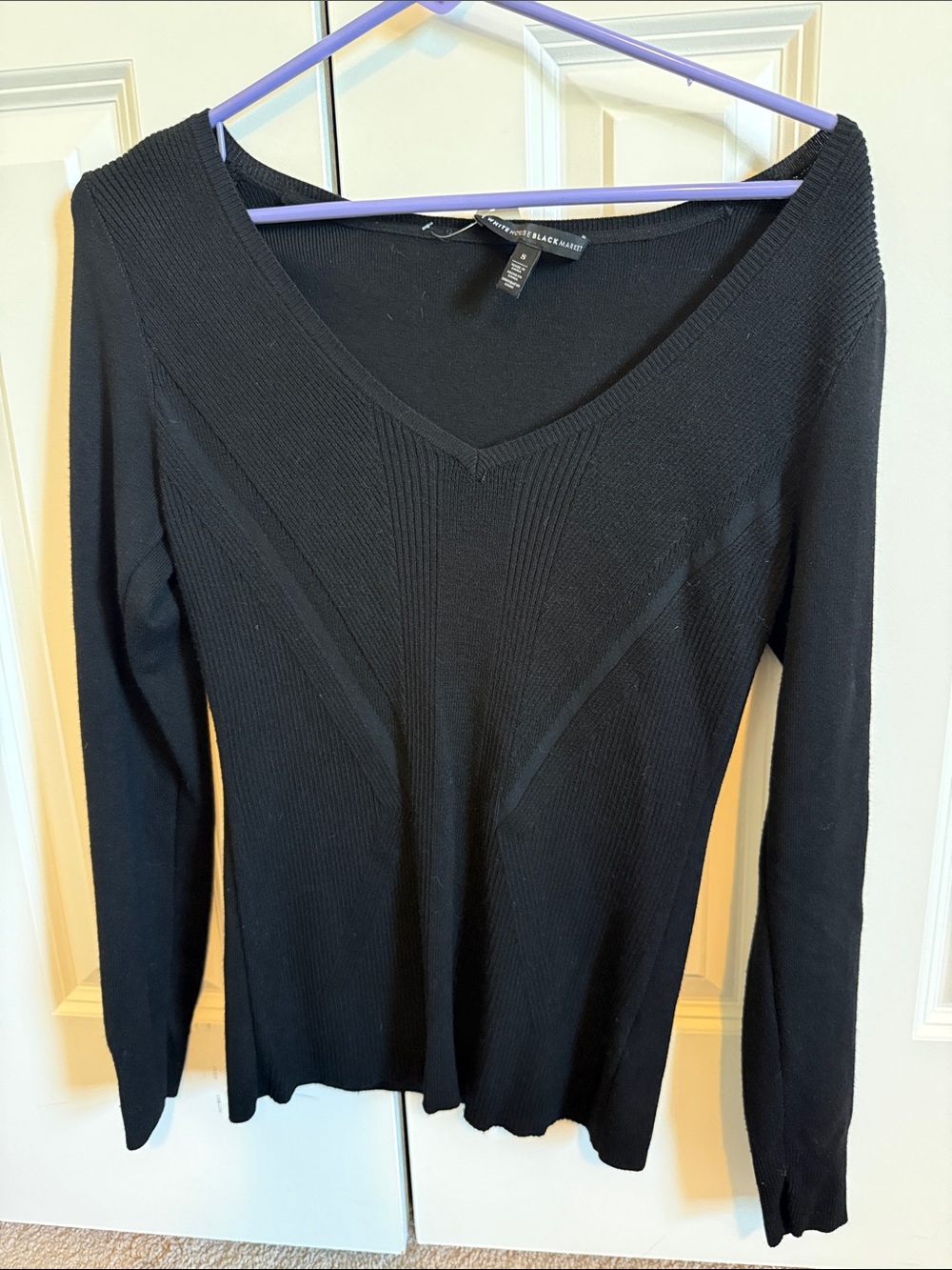 White House Black Market Black V-Neck Ribbed Long Sleeve Top